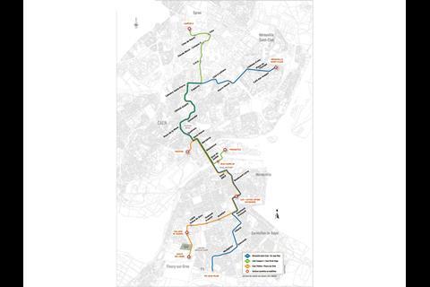 A 16·8 km three-route tram network is being built in Caen.
